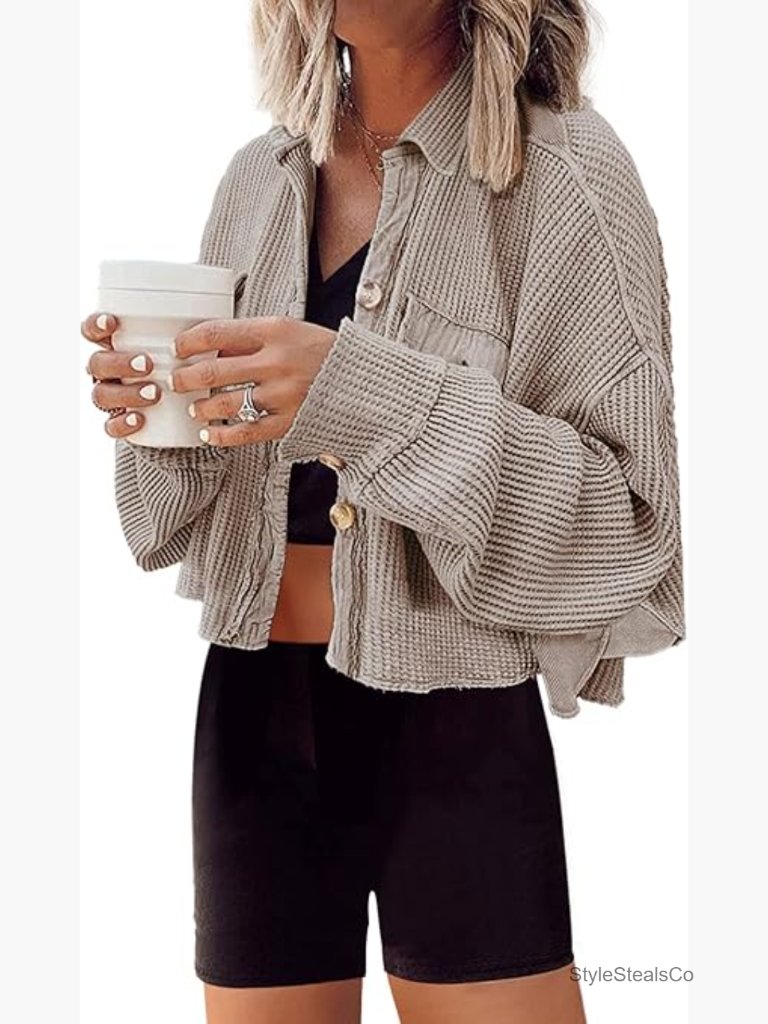 Cropped Waffle Knit Shacket Button Down Jacket Batwing Sleeve